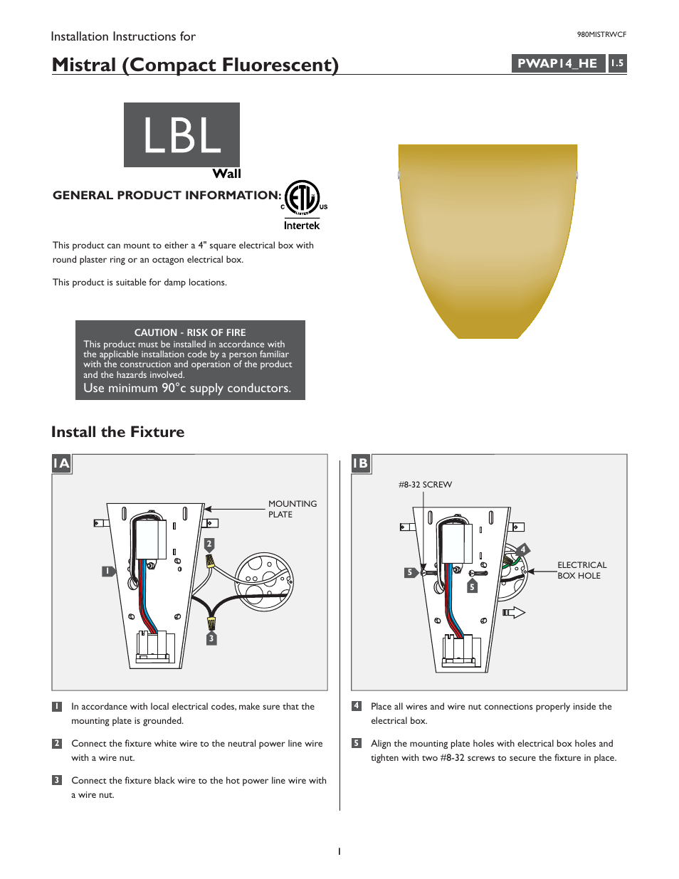 LBL Lighting Mistral WCF User Manual | 2 pages