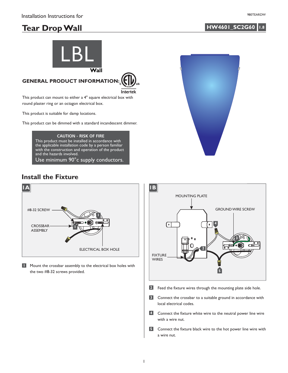 LBL Lighting Teardrop W User Manual | 2 pages