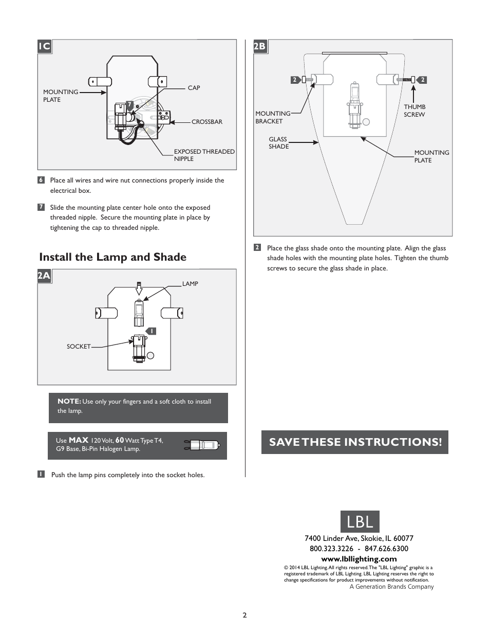 Install the lamp and shade, Save these instructions | LBL Lighting Teardrop W User Manual | Page 2 / 2