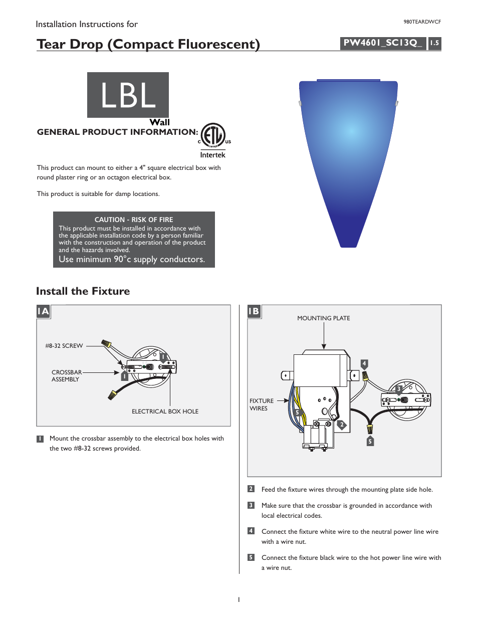 LBL Lighting Teardrop WCF User Manual | 2 pages