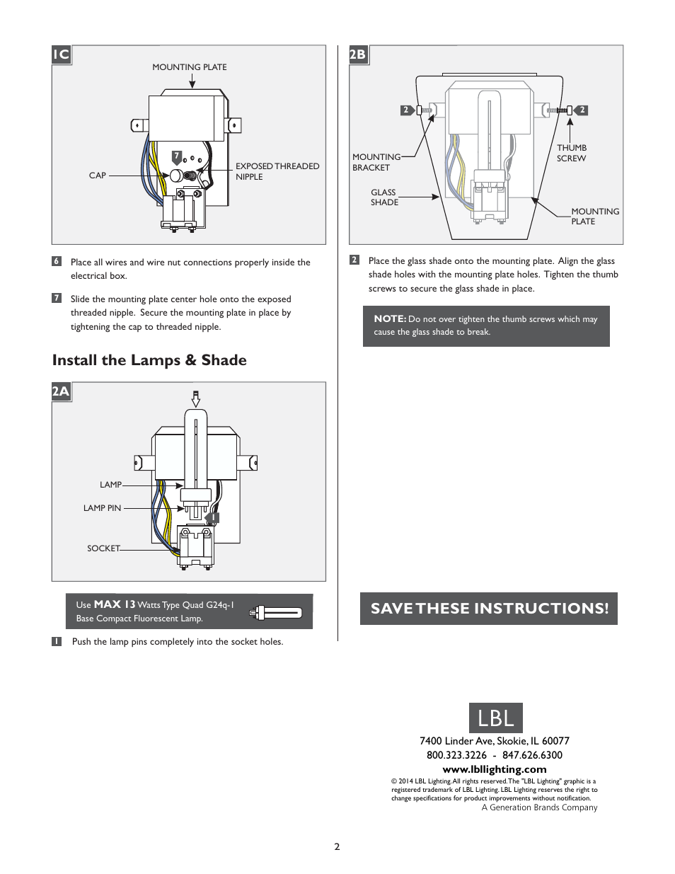 Install the lamps & shade, Save these instructions, 2a 2b | LBL Lighting Teardrop WCF User Manual | Page 2 / 2