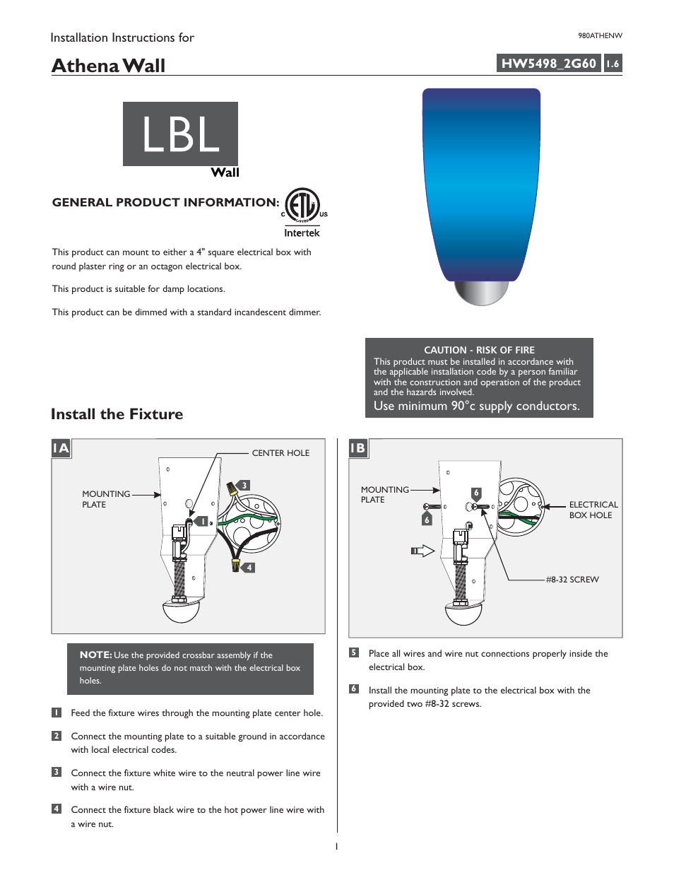 LBL Lighting Athena W User Manual | 2 pages