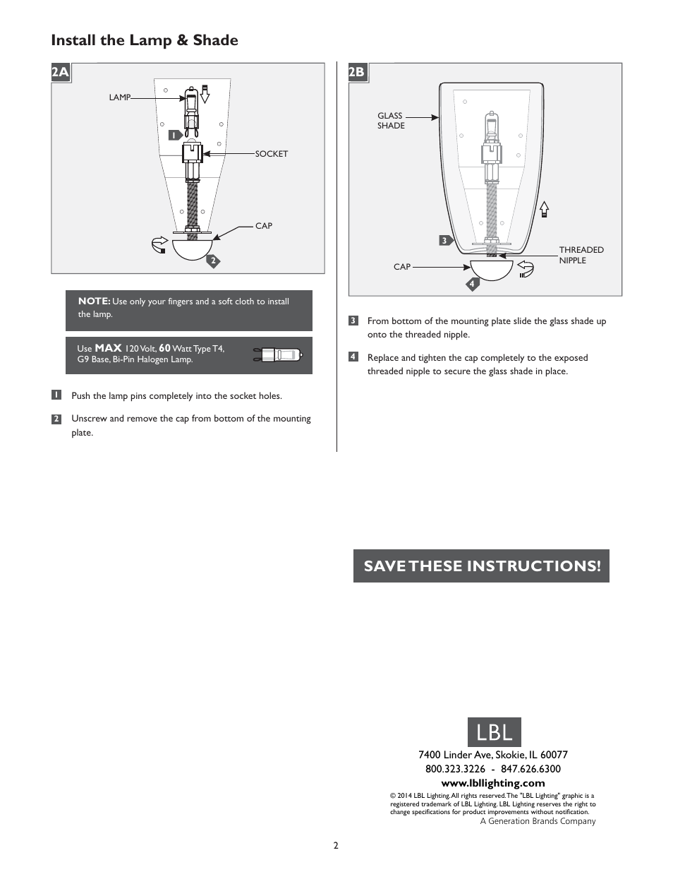 Install the lamp & shade, Save these instructions, 2b 2a | LBL Lighting Athena W User Manual | Page 2 / 2