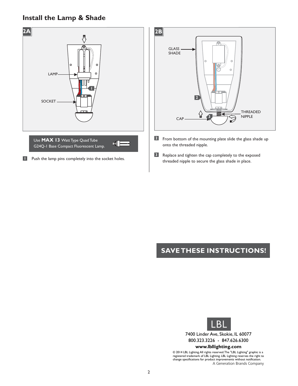 Install the lamp & shade, Save these instructions, 2b 2a | LBL Lighting Athena WCF User Manual | Page 2 / 2