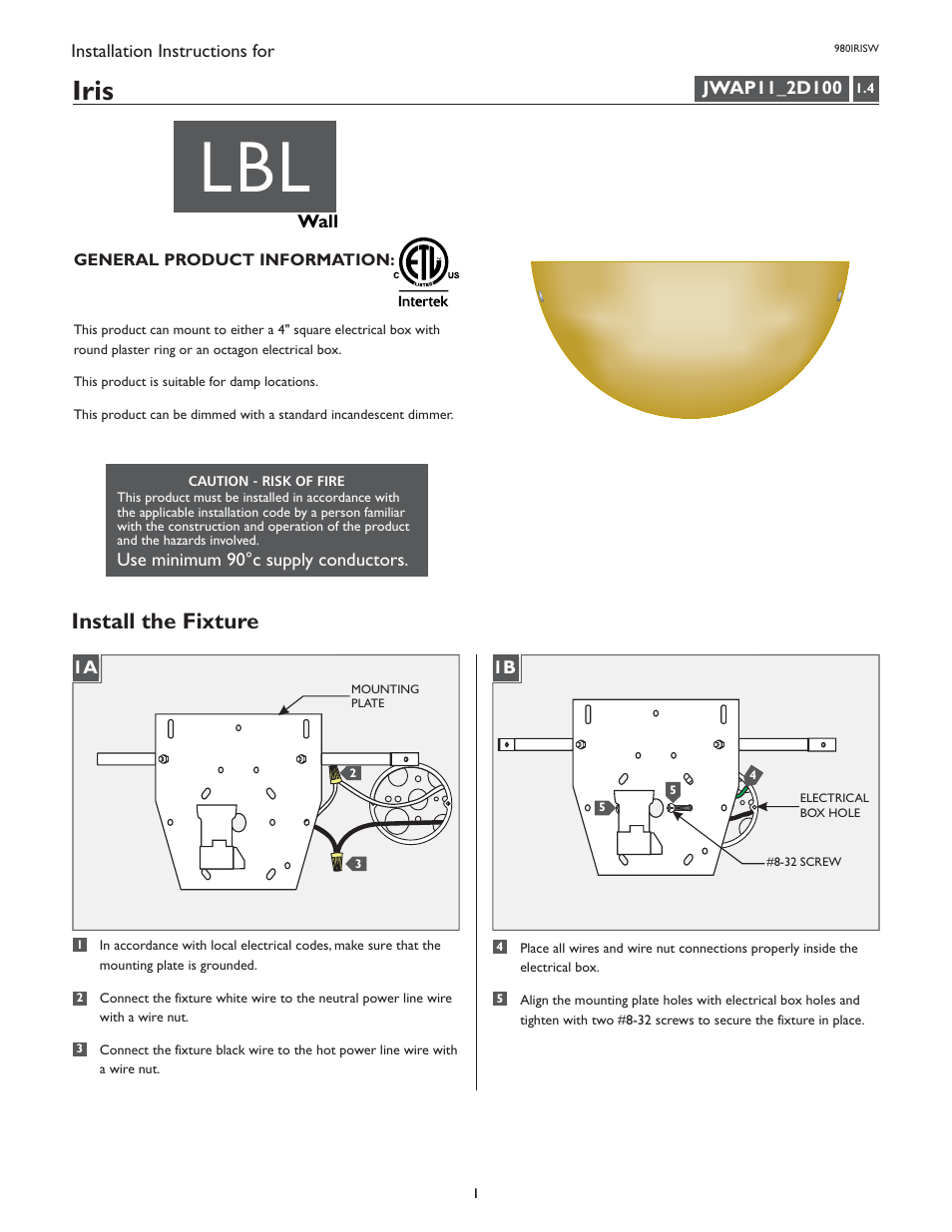 LBL Lighting Iris W User Manual | 2 pages