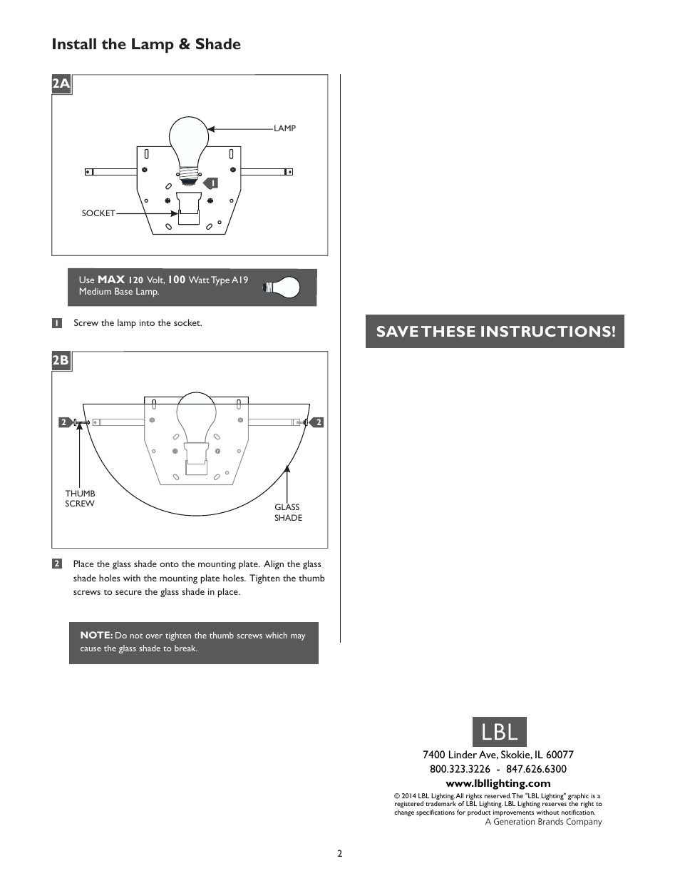 Install the lamp & shade, Save these instructions | LBL Lighting Iris W User Manual | Page 2 / 2