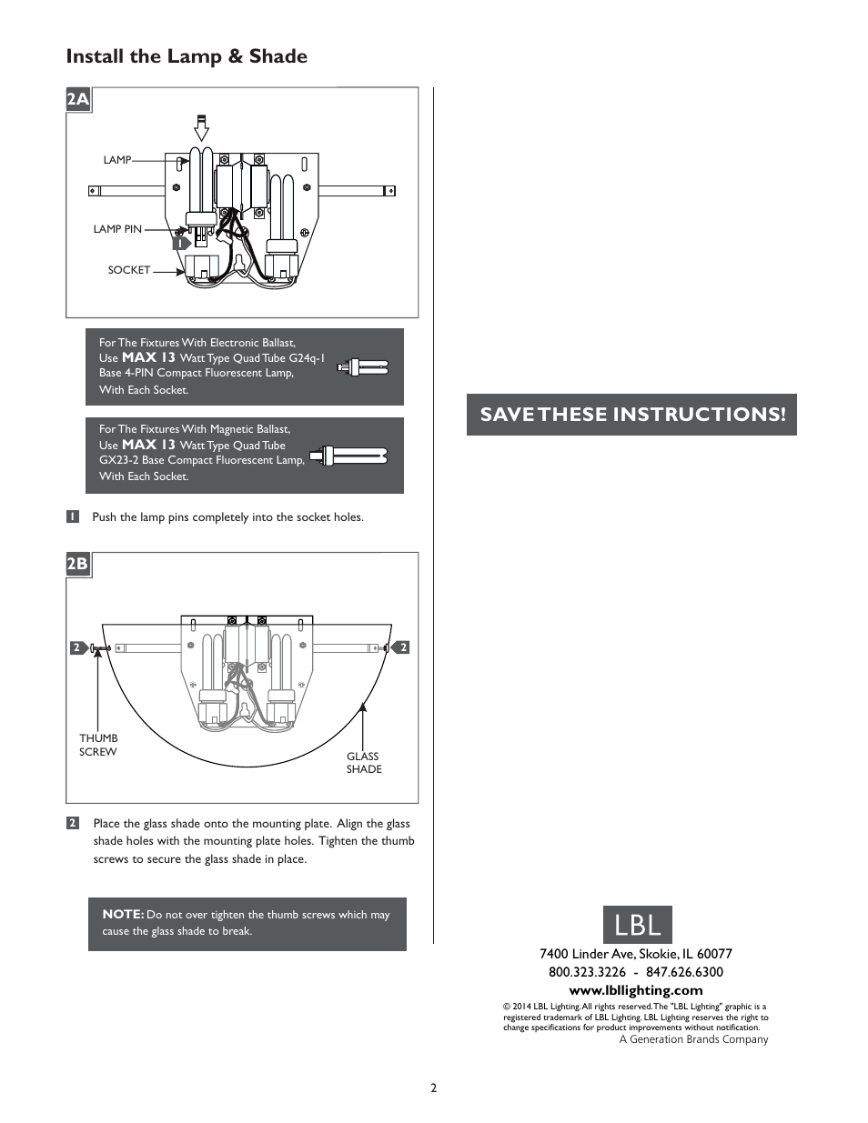 Install the lamp & shade, Save these instructions | LBL Lighting Iris WCF3 User Manual | Page 2 / 2