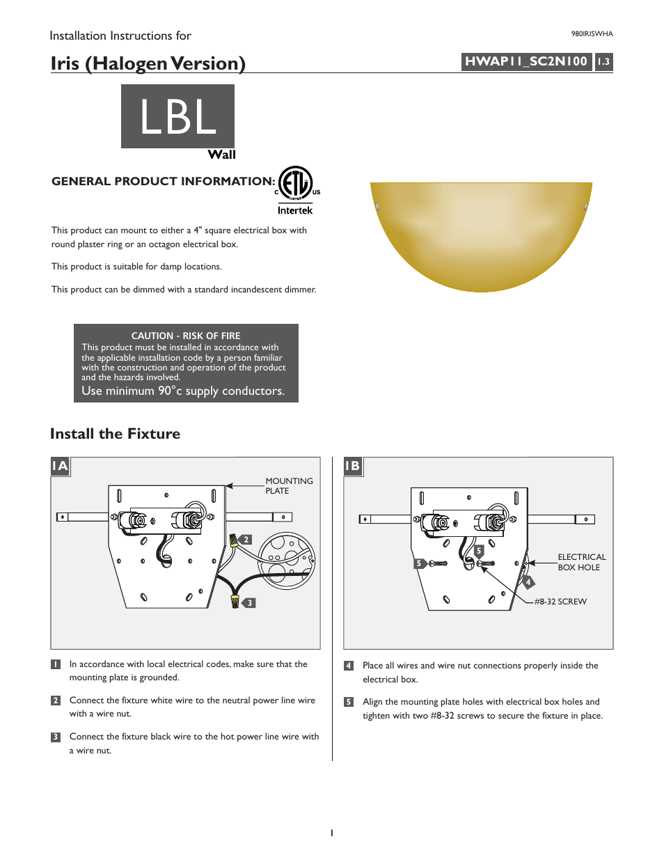 LBL Lighting Iris WHA User Manual | 4 pages