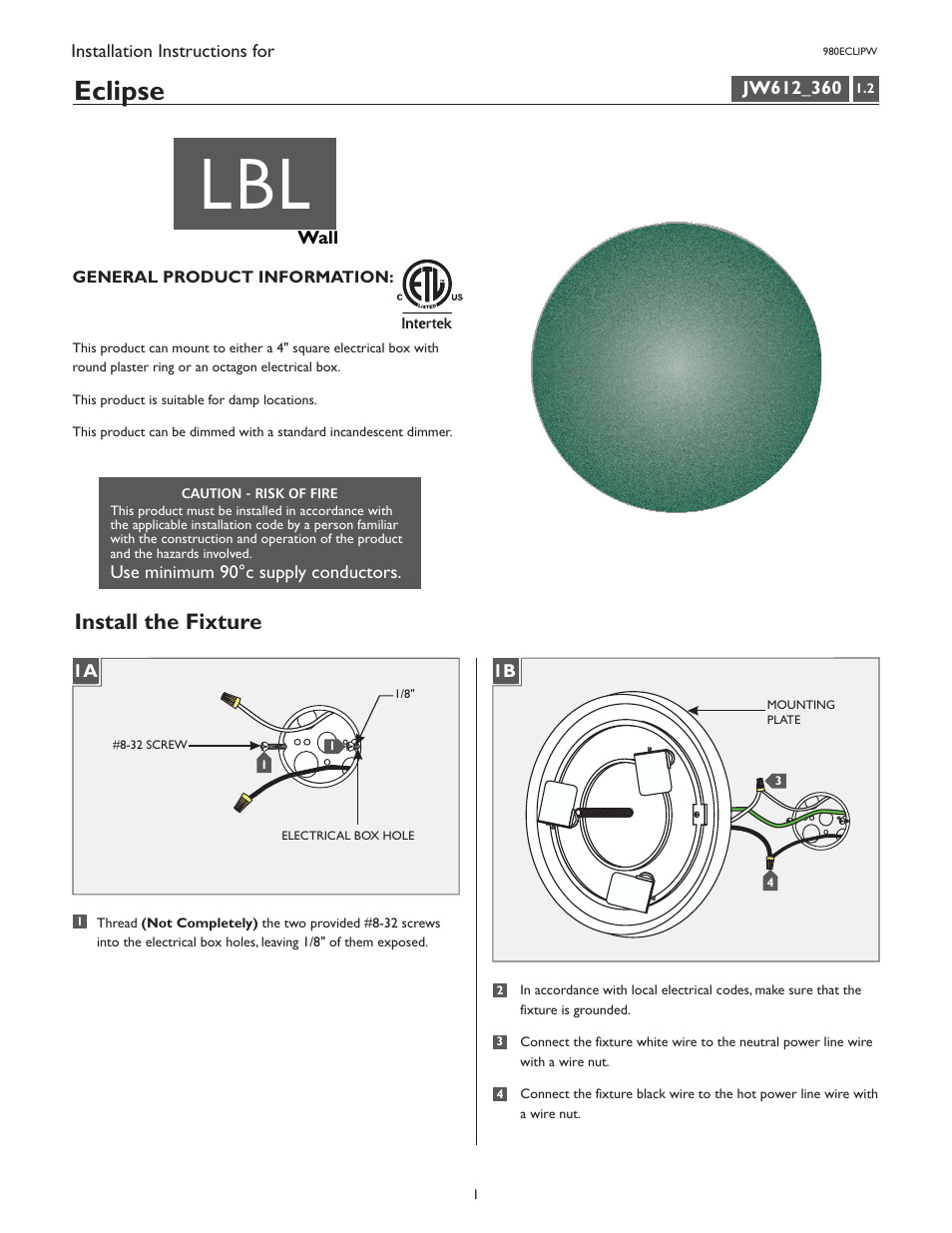 LBL Lighting Eclipse W User Manual | 4 pages