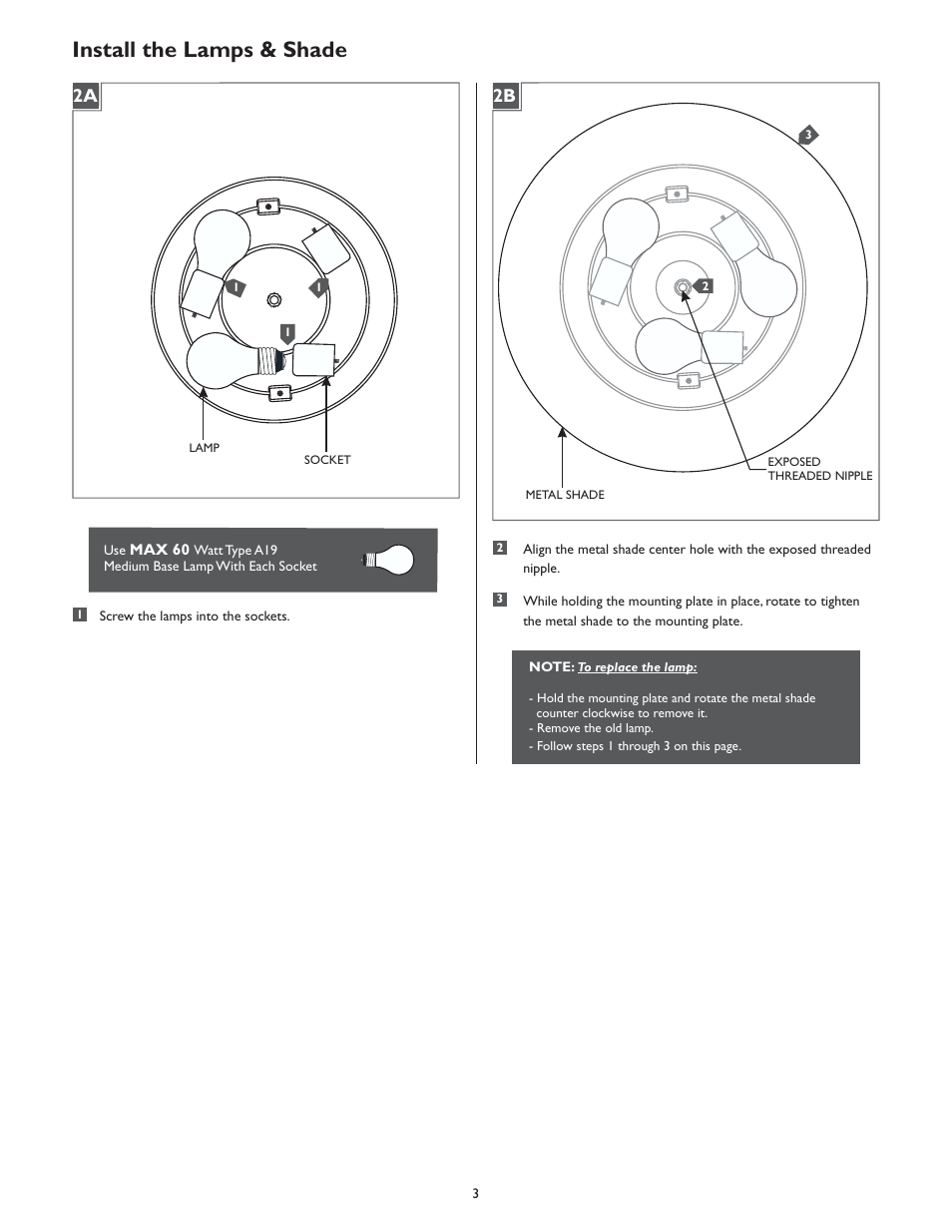 Install the lamps & shade, 2a 2b | LBL Lighting Eclipse W User Manual | Page 3 / 4