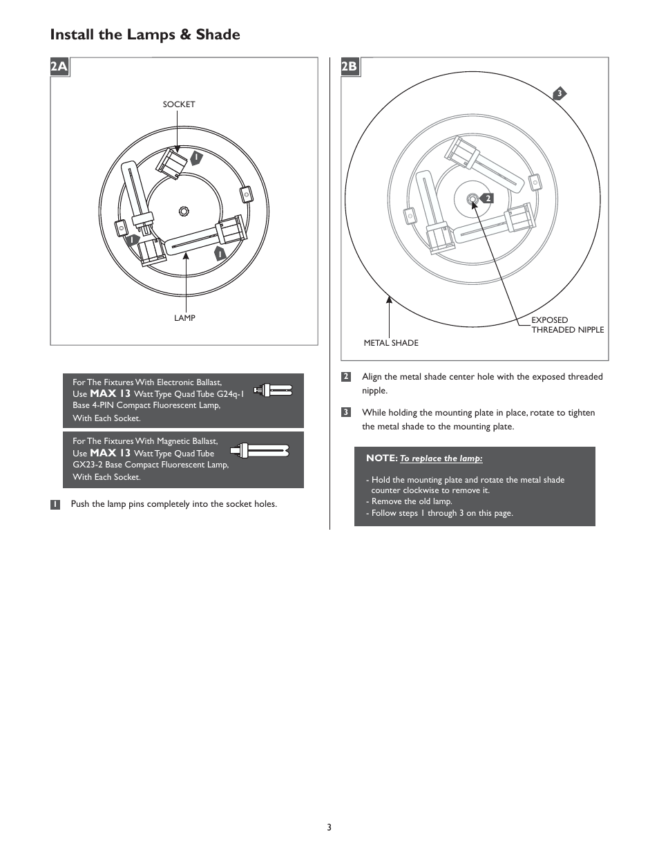 Install the lamps & shade, 2a 2b | LBL Lighting Eclipse WCF3 User Manual | Page 3 / 4