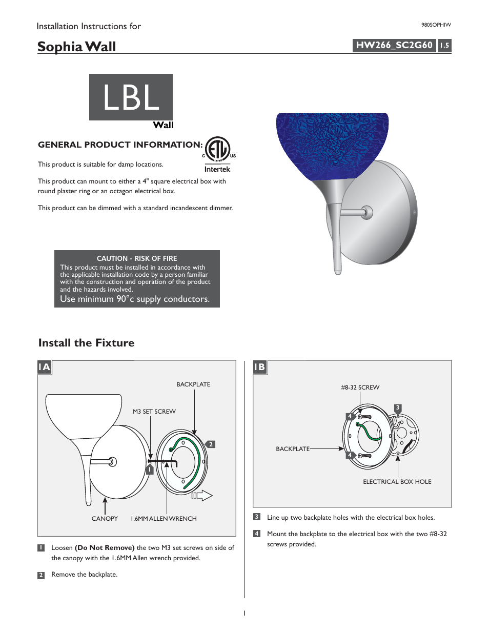 LBL Lighting Sophia User Manual | 2 pages