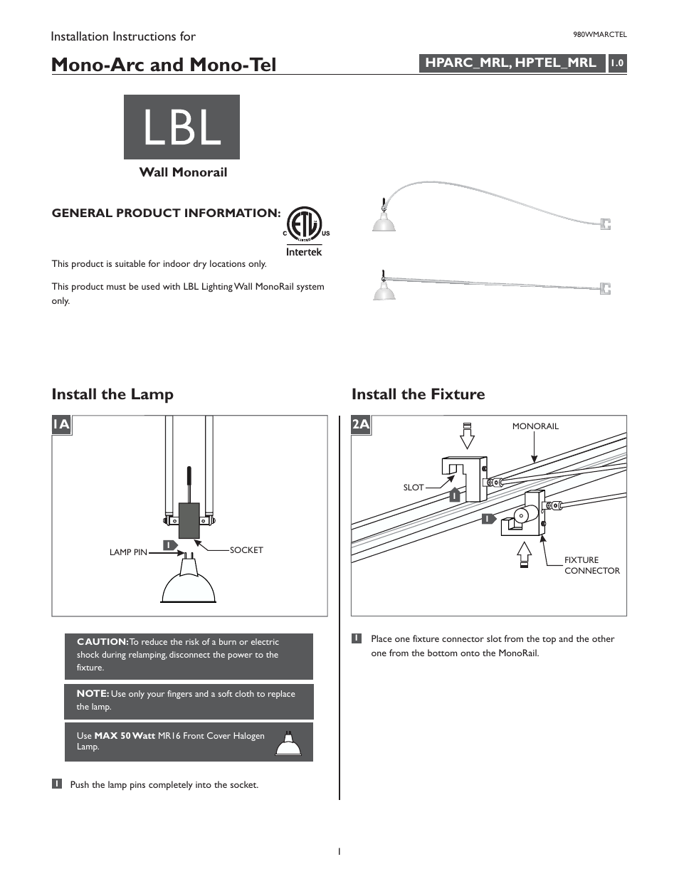 LBL Lighting Mono-Tel User Manual | 2 pages