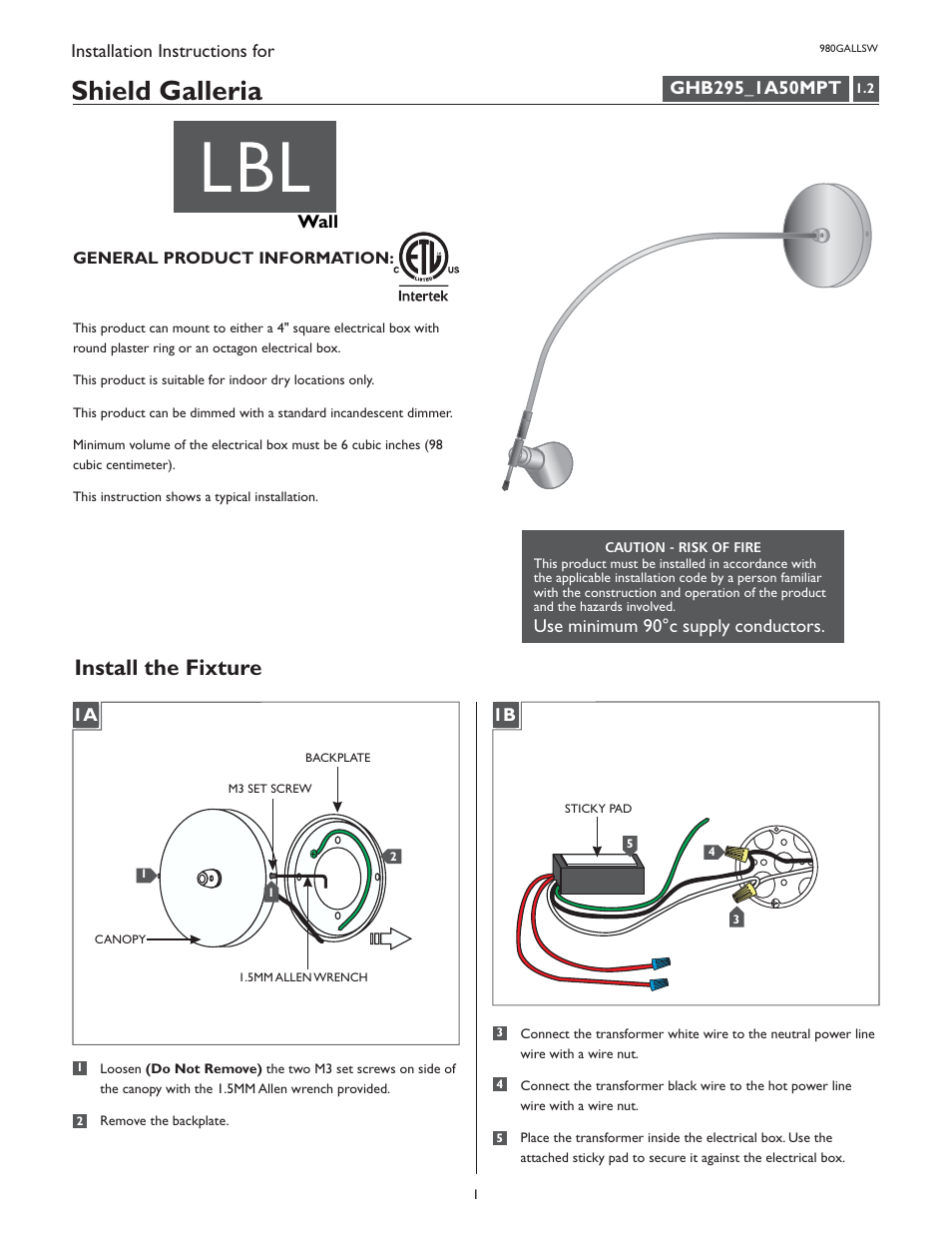 LBL Lighting Galleria Shield W User Manual | 4 pages