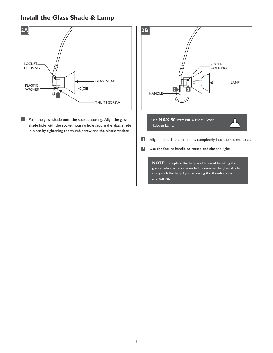 Install the glass shade & lamp | LBL Lighting Galleria Shield W User Manual | Page 3 / 4