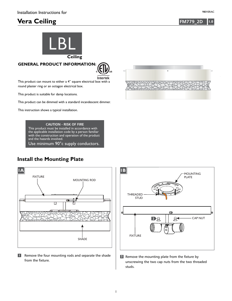 LBL Lighting Vera Flush Mount User Manual | 4 pages