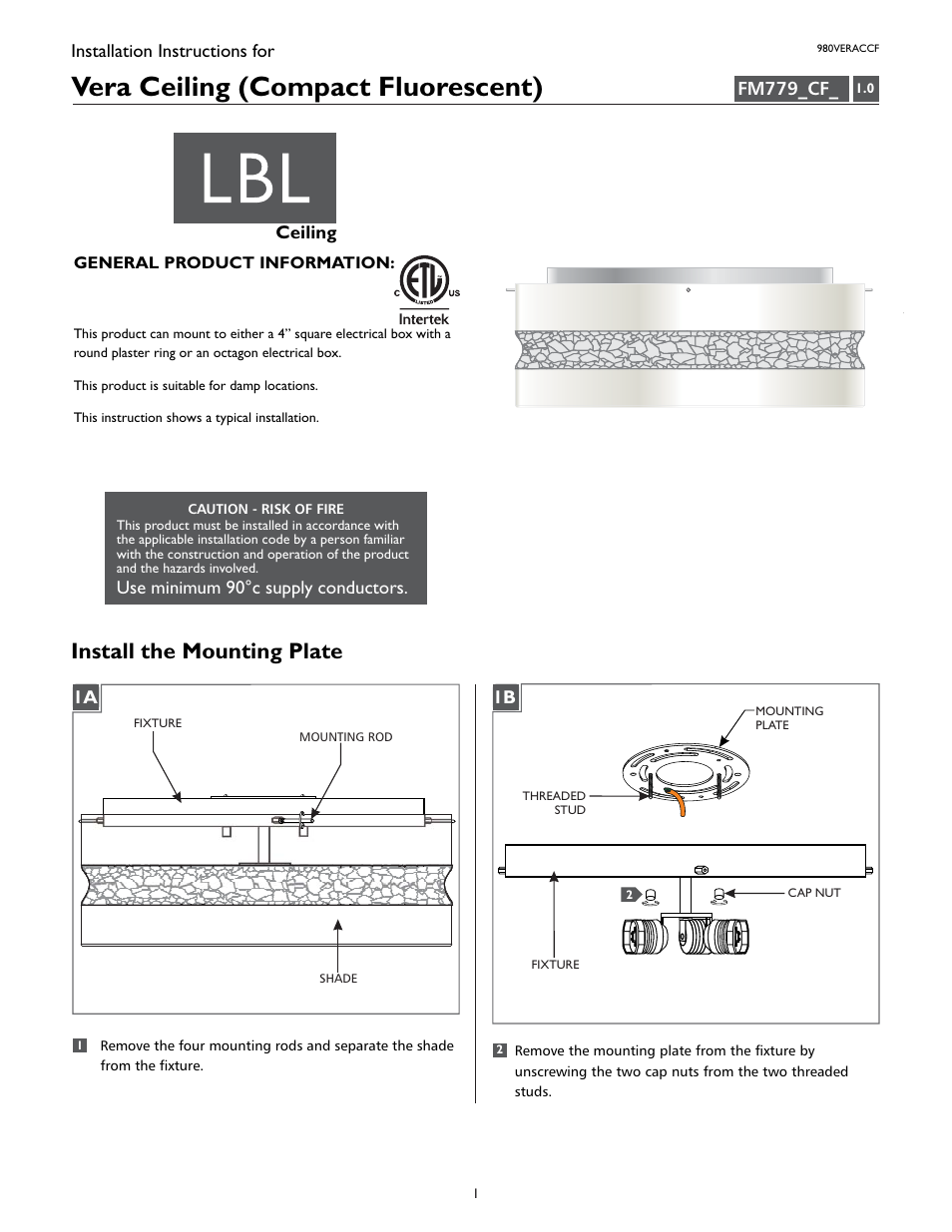 LBL Lighting Vera Flush Mount CF User Manual | 4 pages