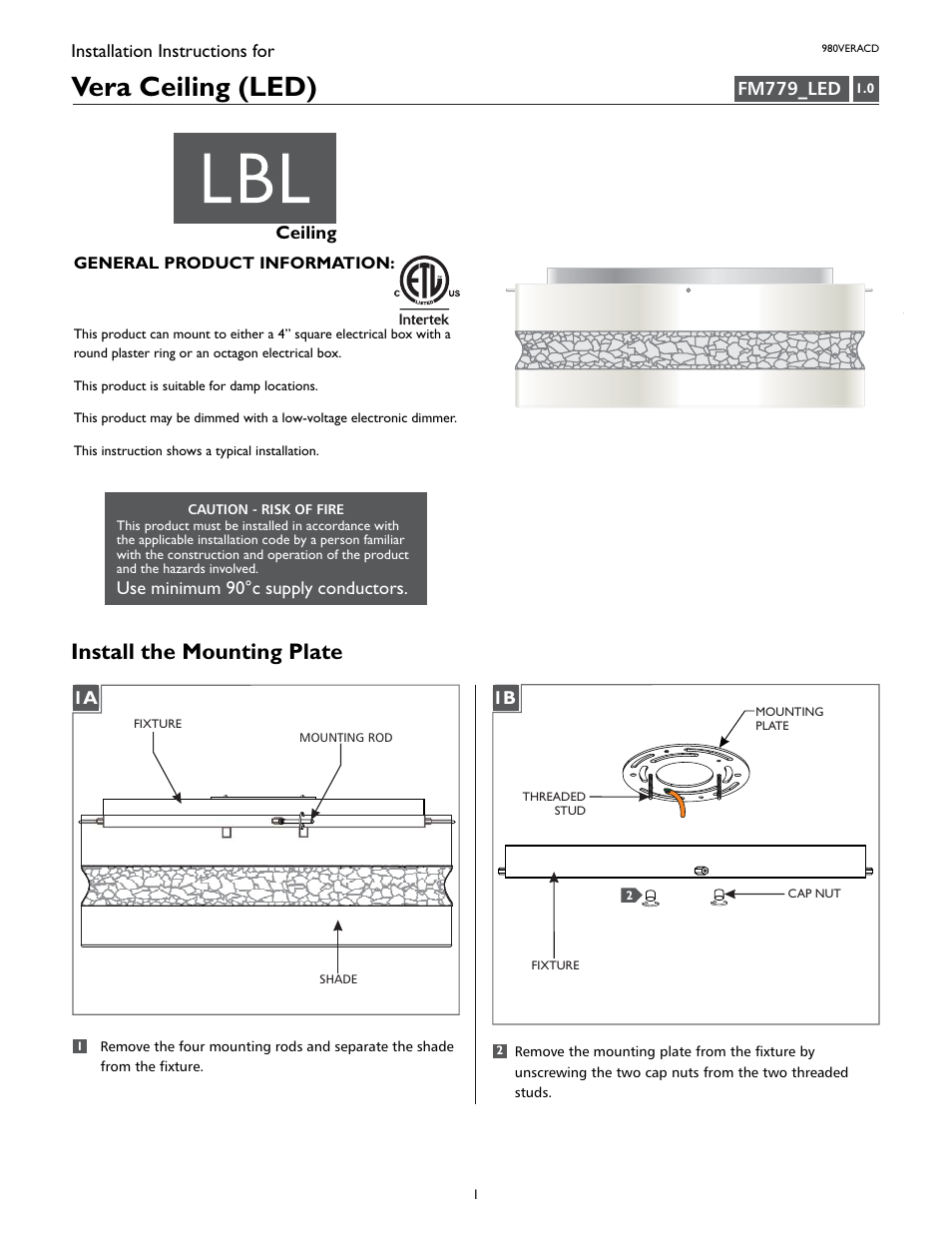 LBL Lighting Vera Flush Mount LED User Manual | 2 pages