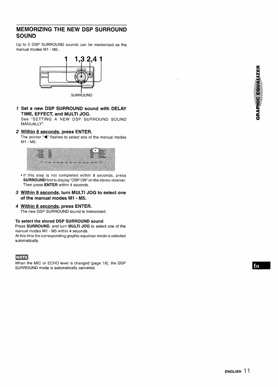 Memorizing the new dsp surround sound, 2 within 8 seconds, press enter, 4 within 8 seconds, press enter | To .select the stored dsp surround sound | Aiwa XR-M1000 User Manual | Page 11 / 100