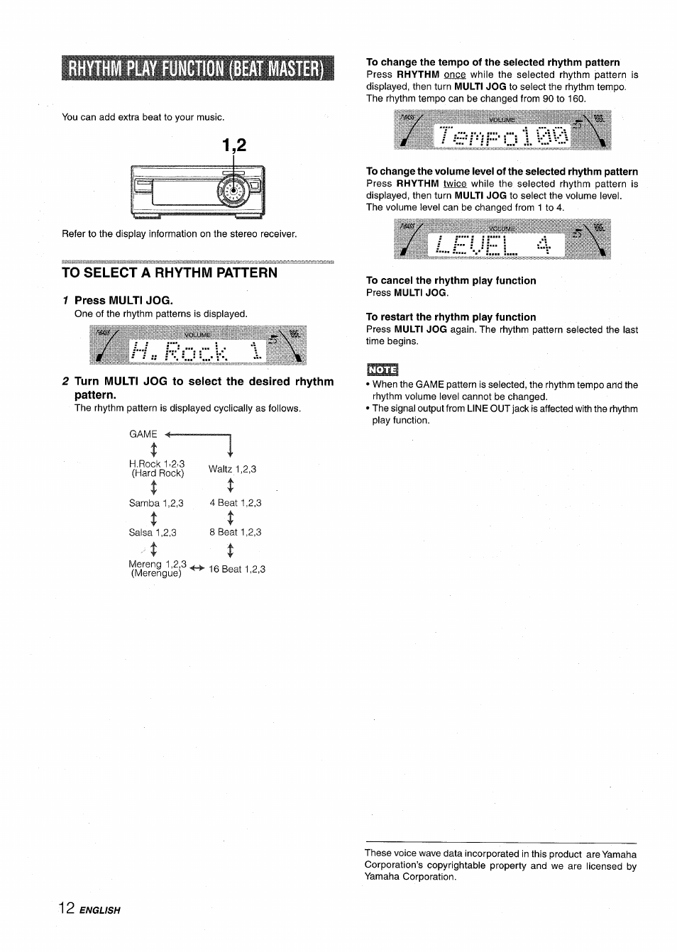 To select a rhythm pattern, 1 press multi jog, To cancel the rhythm play function press multi jog | To restart the rhythm play function, Rhythm play function (beat master) | Aiwa XR-M1000 User Manual | Page 12 / 100