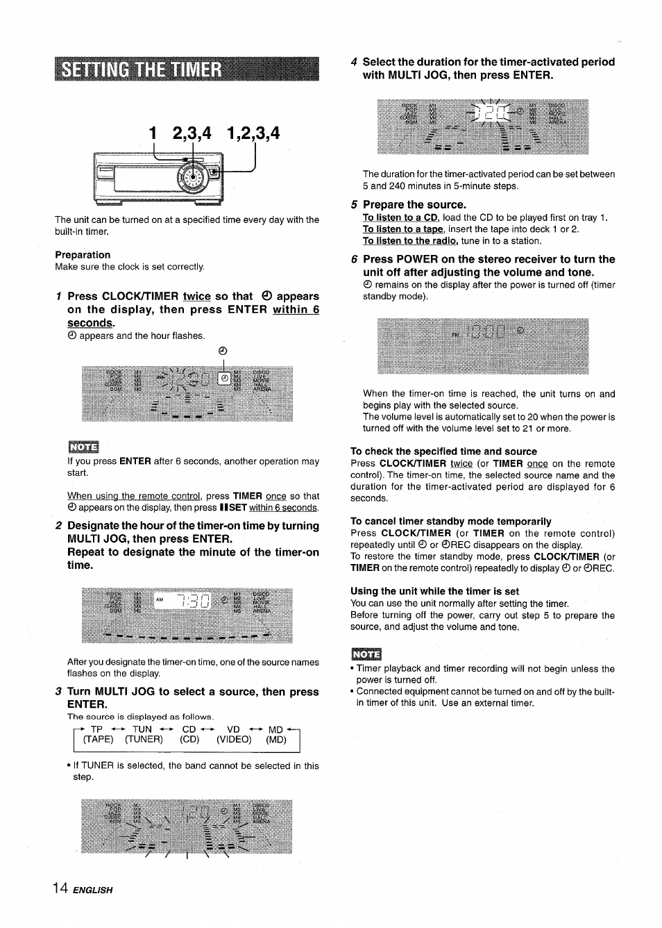 Setting the time, Preparation, To cancel timer standby mode temporarily | Using the unit while the timer is set, Ijl^héi ii | Aiwa XR-M1000 User Manual | Page 14 / 100