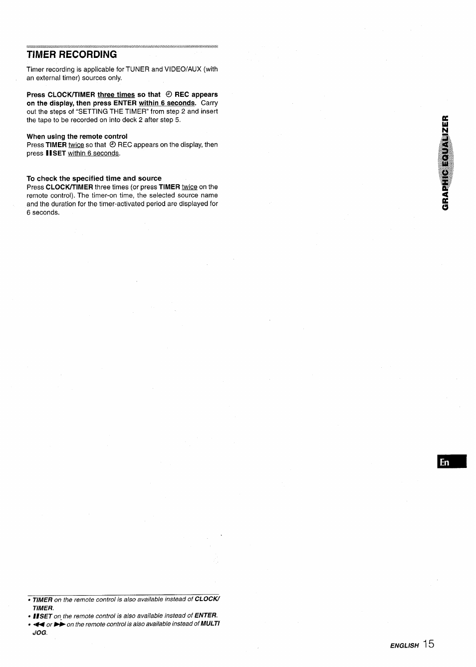 Timer recording, When using the remote control | Aiwa XR-M1000 User Manual | Page 15 / 100