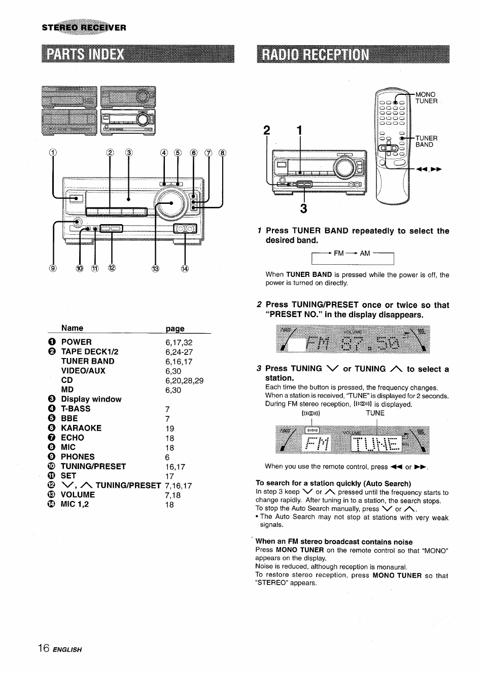 Name, Press tuning v or tuning to select a station, To search for a station quickly (auto search) | When an fm stereo broadcast contains noise | Aiwa XR-M1000 User Manual | Page 16 / 100