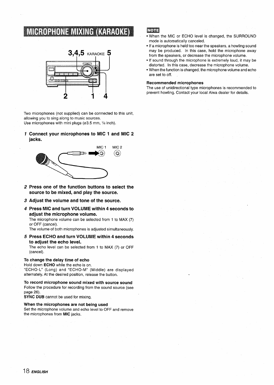 Microphone mixing (karaoke), Recommended microphones, 3 adjust the volume and tone of the source | To record microphone sound mixed with source sound, When the microphones are not being used | Aiwa XR-M1000 User Manual | Page 18 / 100