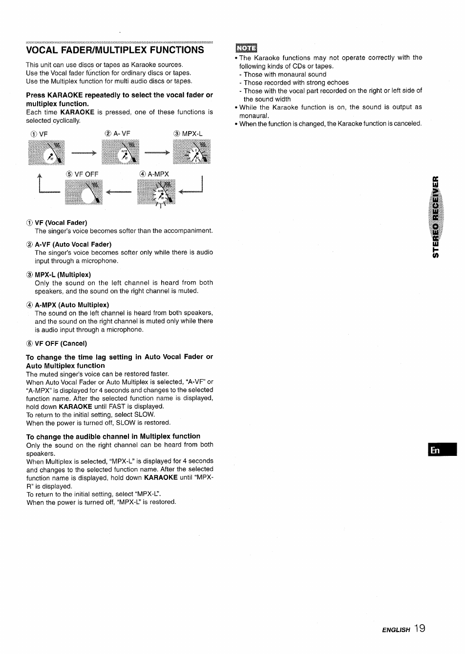 Vocal fader/multiplex functions, Vf (vocal fader), Mpx-l (multiplex) | A-mpx (auto multiplex), Vf off (cancel), Illiiiljljllil i|i|ill|il|il | Aiwa XR-M1000 User Manual | Page 19 / 100