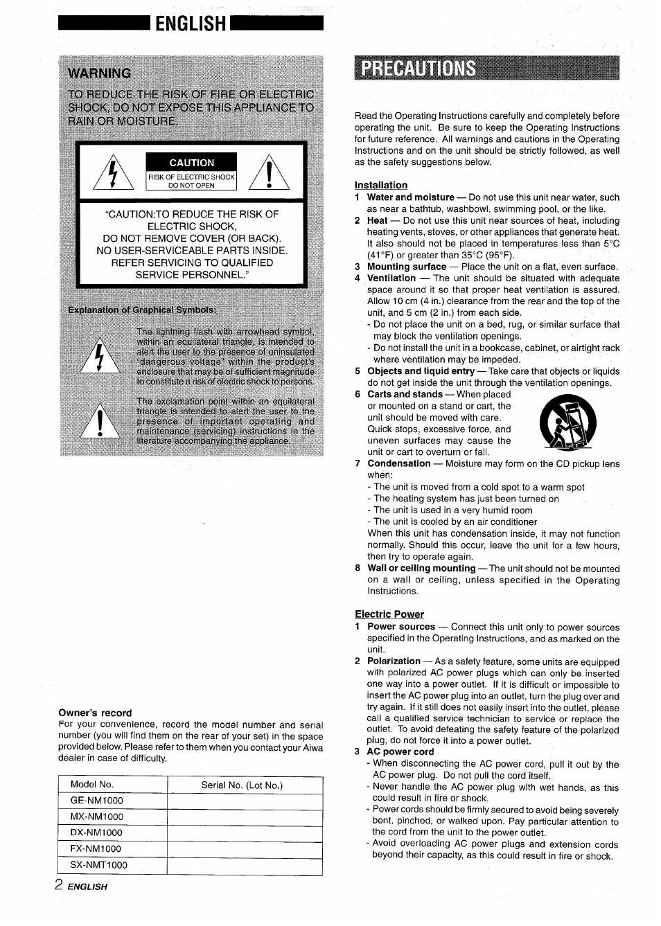 English, Warning, Precauti | Caution, Installation, Owner’s record, Electric power, 3 ac power cord | Aiwa XR-M1000 User Manual | Page 2 / 100