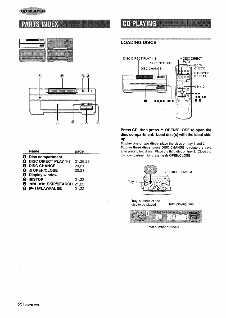 Cd playin, Loading discs, Cd playing | Aiwa XR-M1000 User Manual | Page 20 / 100