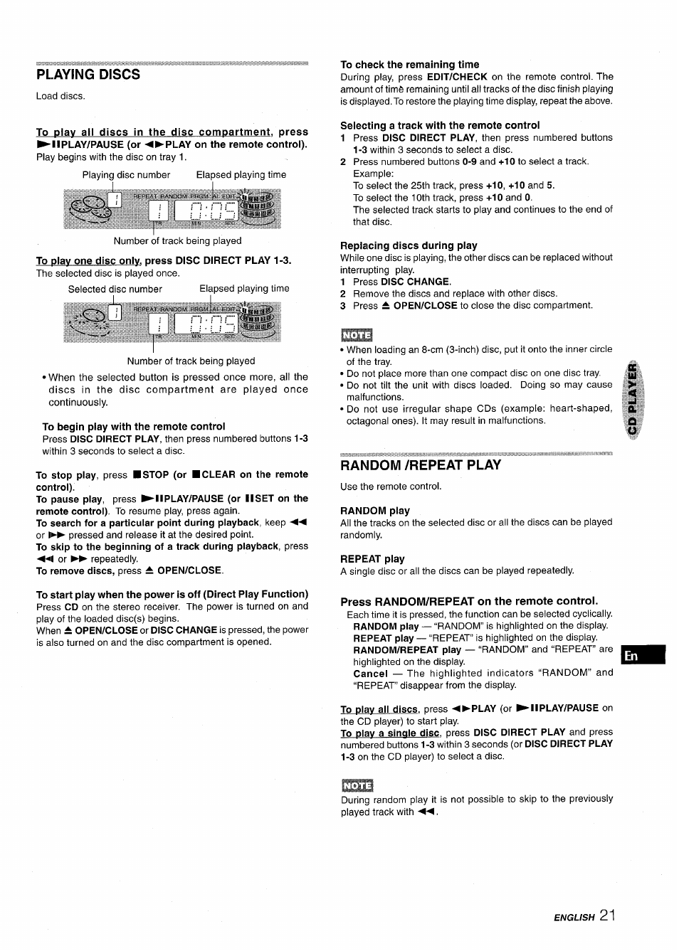 Playing discs, To begin play with the remote control, To check the remaining time | Selecting a track with the remote controi, Replacing discs during play, 1 press disc change, Random /repeat play, Random play, Repeat play, Press random/repeat on the remote control | Aiwa XR-M1000 User Manual | Page 21 / 100