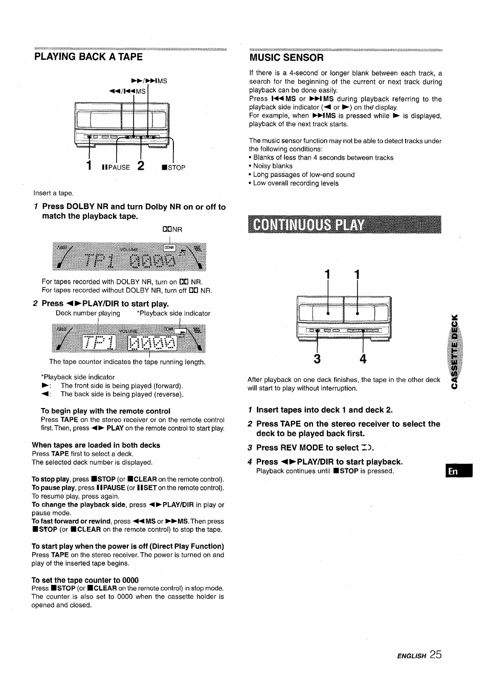 Playing back a tape, 2 press ◄►play/dir to start play, To begin play with the remote control | To set the tape counter to 0000, 1 insert tapes into deck 1 and deck 2, 3 press rev mode to select z), 4 press ◄►play/dir to start playback, I y- j | Aiwa XR-M1000 User Manual | Page 25 / 100