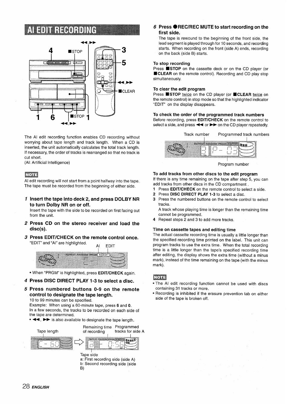 To stop recording, To clear the edit program, To check the order of the programmed track numbers | 3 press edit/check on the remote control once, 4 press disc direct play 1-3 to select a disc, To add tracks from other discs to the edit program, Time on cassette tapes and editing time | Aiwa XR-M1000 User Manual | Page 28 / 100