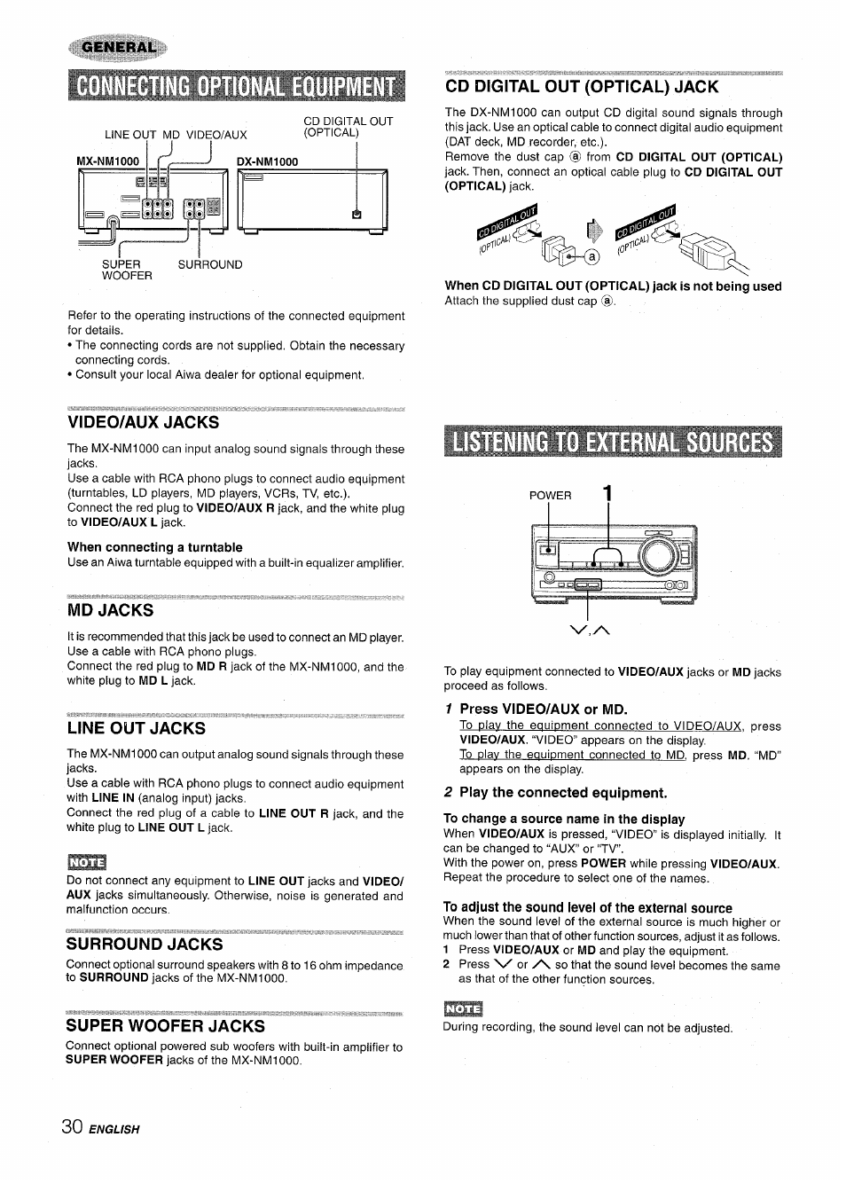 Cd digital out (optical) jack, Video/aux jacks, When connecting a turntable | Istening to e)(ternal sources, Md jacks, Line out jacks, Surround jacks, 1 press video/aux or md, 2 play the connected equipment, To adjust the sound level of the external source | Aiwa XR-M1000 User Manual | Page 30 / 100