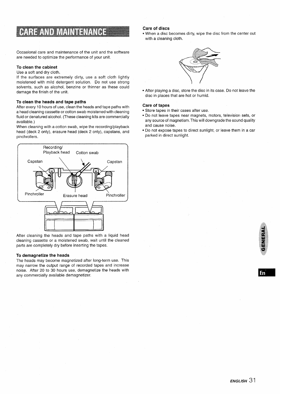 Care of discs, To clean the cabinet, To clean the heads and tape paths | Care of tapes, To demagnetize the heads | Aiwa XR-M1000 User Manual | Page 31 / 100
