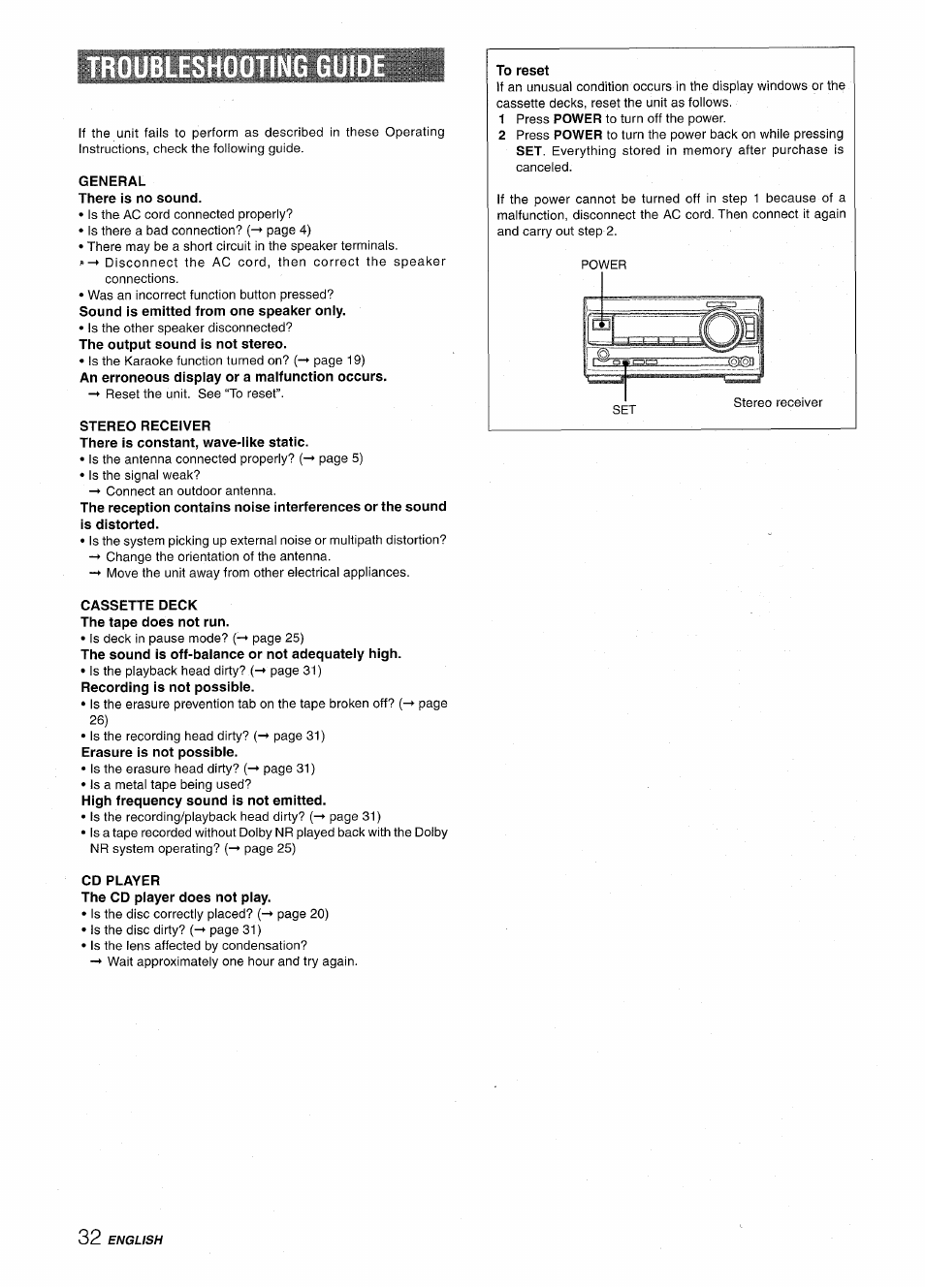 General there is no sound, Stereo receiver, Cassette deck the tape does not run | Cd player | Aiwa XR-M1000 User Manual | Page 32 / 100