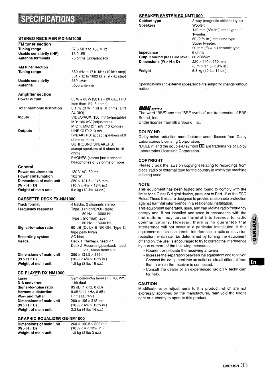 Speaker system sx-nmt10q0, Dolby nr, Copyright | Note, Caution | Aiwa XR-M1000 User Manual | Page 33 / 100