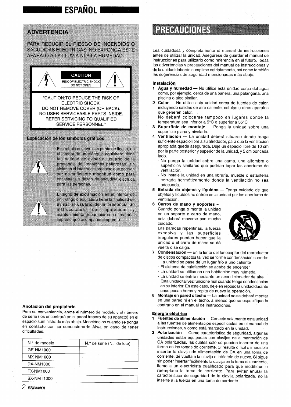 Español, Advertencia, Caunon | Explicación ele los símbolos gráficos, Anotación del propietario, Instalación, 6 carros de mano y soportes, Energía eléctrica | Aiwa XR-M1000 User Manual | Page 34 / 100