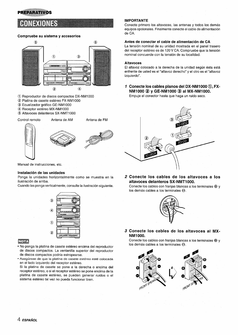 Compruebe su sistema y accesorios, Instalación de las unidades, Importante | Antes de conectar el cable de alimentación de ca, Altavoces | Aiwa XR-M1000 User Manual | Page 36 / 100