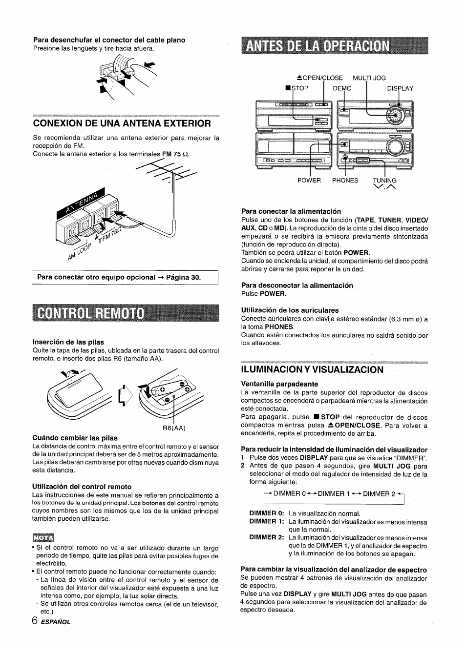 Para desenchufar el conector del cable plano, Conexion de una antena exterior, Inserción de las pilas | Cuándo cambiar ias pilas, Utilización dei controi remoto, Para conectar la alimentación, Para desconectar la alimentación pulse power, Utilización de los auriculares, Iluminacion y visualizacion, Ventanilla parpadeante | Aiwa XR-M1000 User Manual | Page 38 / 100