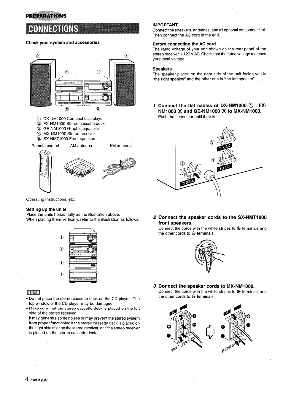Connection, Check your system and accessories, Setting up the units | Important, Before connecting the ac cord, Speakers, 3 connect the speaker cords to mx-nm1000 | Aiwa XR-M1000 User Manual | Page 4 / 100