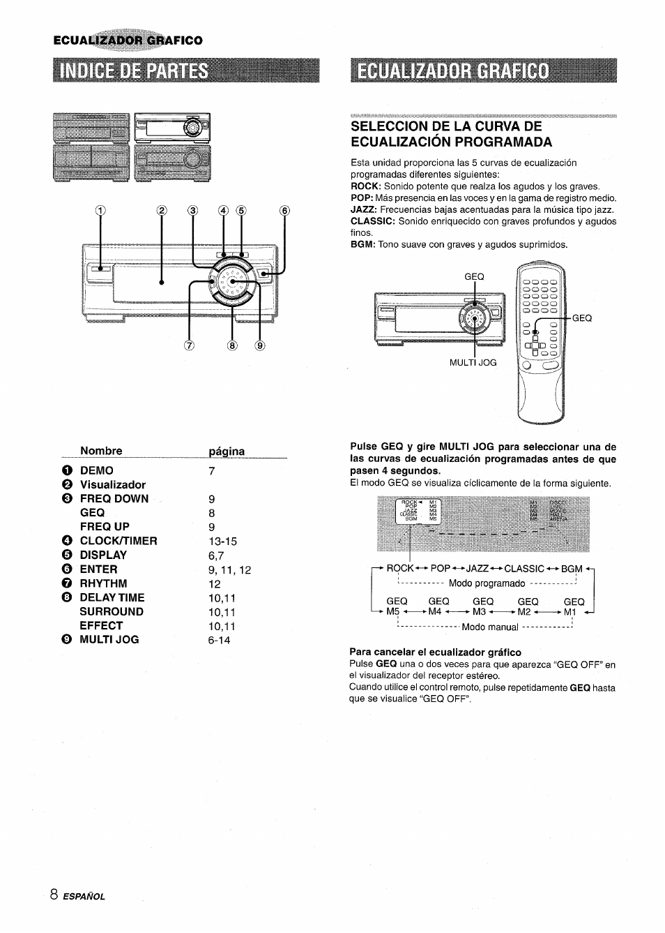 Seleccion de la curva de ecualizaclón programada, Para cancelar el ecualizador gráfico | Aiwa XR-M1000 User Manual | Page 40 / 100