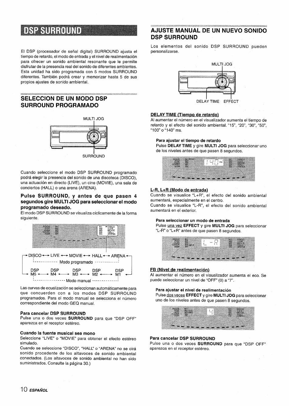 Dspsurroun, Seleccion de un modo dsp surround programado, Para cancelar dsp surround | Cuando la fuente musical sea mono, Ajuste manual de un nuevo sonido dsp surround, Delay time (tiempo de retardo, Para ajustar el tiempo de retardo, L-r. l+r (modo de entradal, Para seleccionar un modo de entrada, Fb (nivel de realimentación) | Aiwa XR-M1000 User Manual | Page 42 / 100