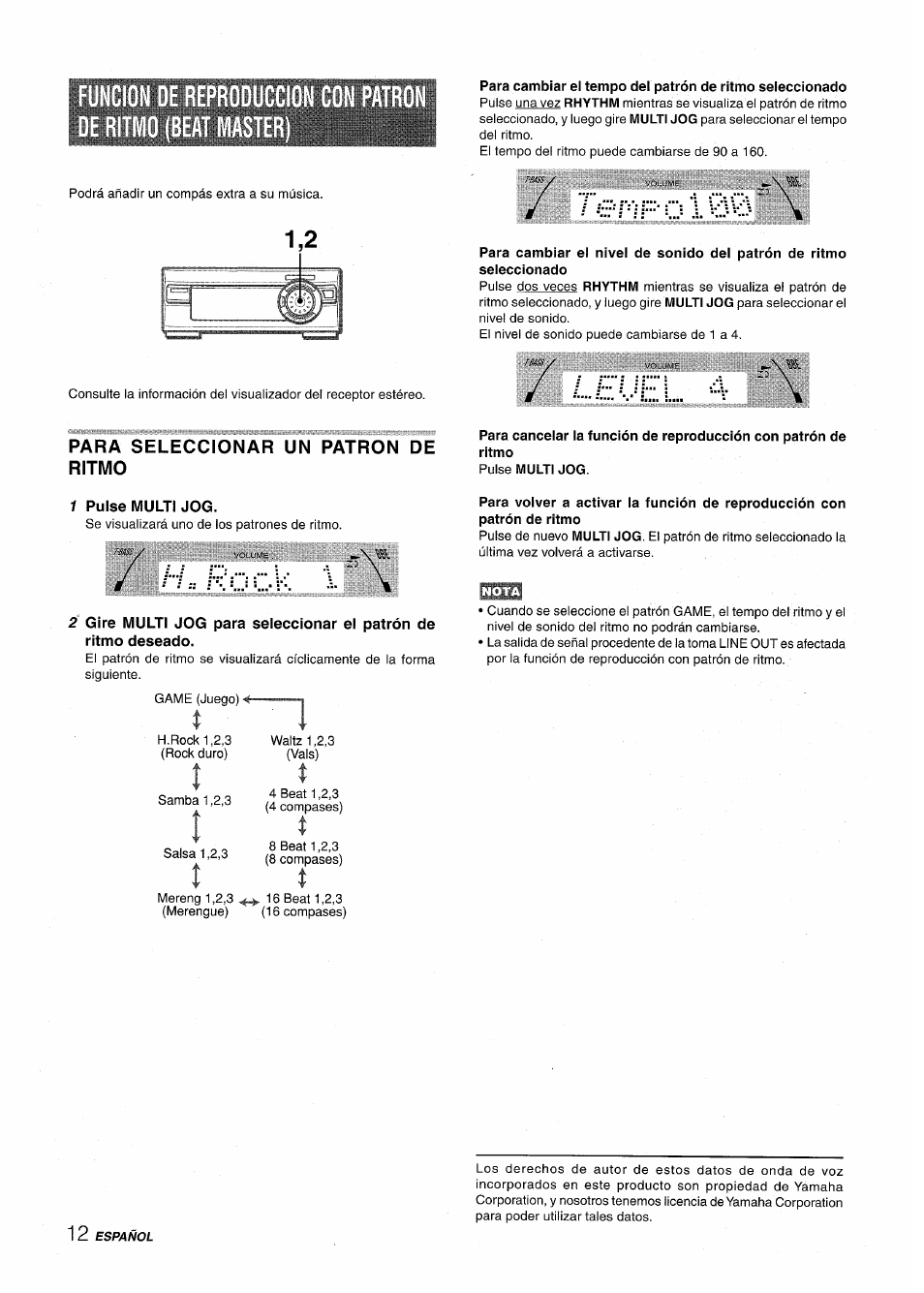 Para seleccionar un patron de ritmo, 1 pulse multi jog | Aiwa XR-M1000 User Manual | Page 44 / 100