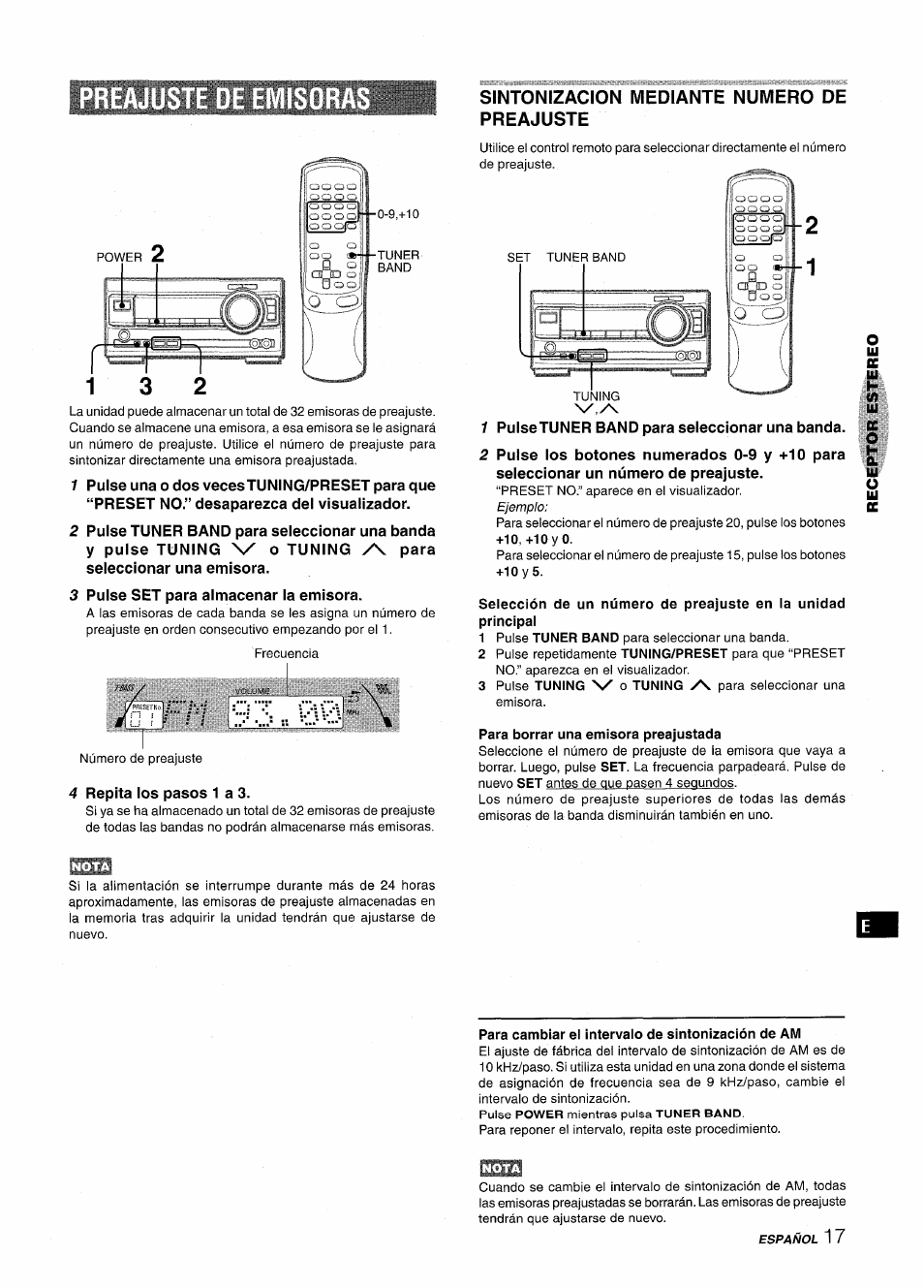 3 pulse set para almacenar la emisora, 4 repita los pasos 1 a 3, Sintonizacion mediante numero de preajuste | 1 pulse tuner band para seleccionar una banda, Para borrar una emisora preajustada, Para cambiar el intervalo de sintonización de am | Aiwa XR-M1000 User Manual | Page 49 / 100