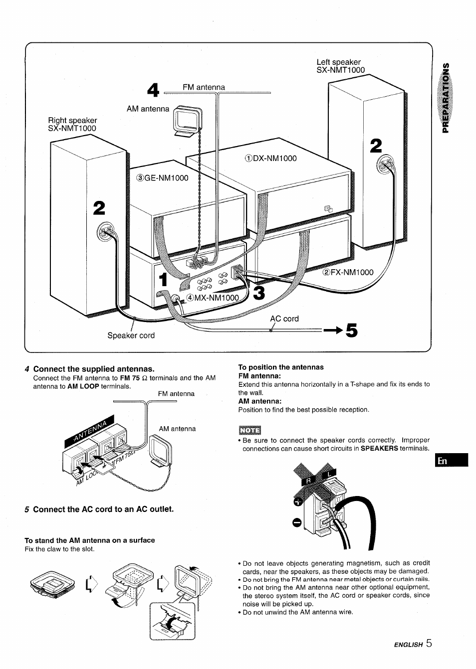 4 connect the supplied antennas, 5 connect the ac cord to an ac outlet, To stand the am antenna on a surface | To position the antennas fm antenna | Aiwa XR-M1000 User Manual | Page 5 / 100