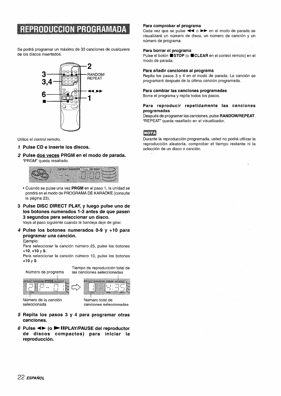 Para comprobar el programa, Para borrar el programa, Para añadir canciones al programa | Para cambiar las canciones programadas, Reproduccion programada | Aiwa XR-M1000 User Manual | Page 54 / 100