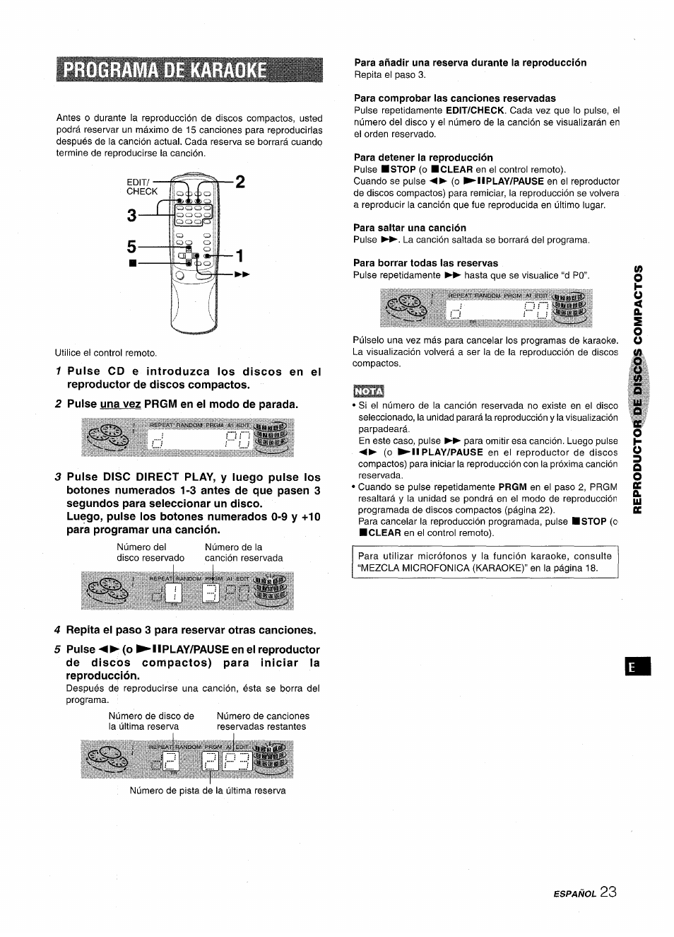 Progra, Para añadir una reserva durante la reproducción, Para comprobar las canciones reservadas | Para detener la reproducción, Para saltar una canción, Para borrar todas las reservas | Aiwa XR-M1000 User Manual | Page 55 / 100