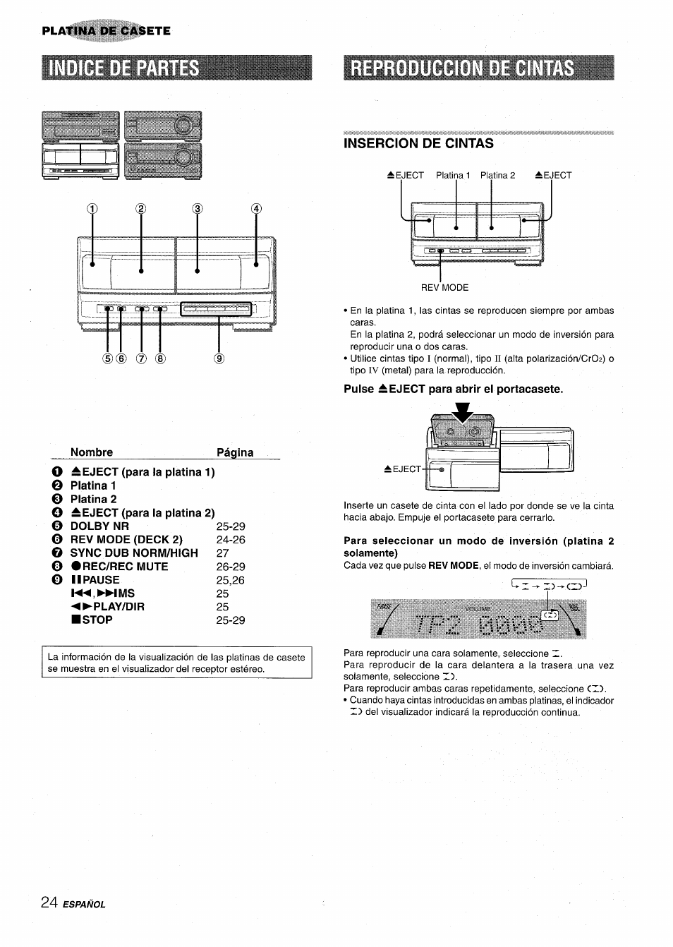 Insercion de cintas, Pulse ±eject para abrir el portacasete, Reproduccion de cintas | Aiwa XR-M1000 User Manual | Page 56 / 100